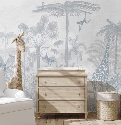 SHOP Vintage Jungle in Blue Gender Neutral Kids Room Wallpaper Mural – Olive et Oriel Powder Blue Wallpaper, Gender Neutral Kids Room, Neutral Kids Room, Modern Kids Room, Baby Room Inspiration, Nursery Room Inspiration, Blue Nursery, Baby Room Design, Kids Room Wallpaper