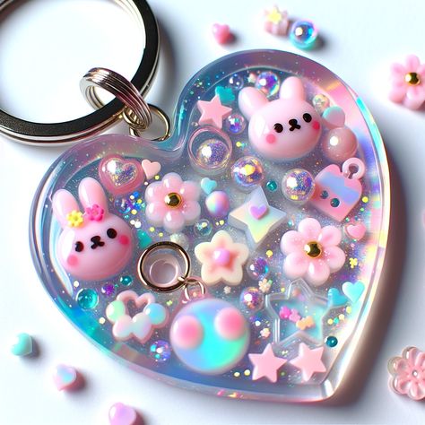 Introducing our charming resin art keychain, a splendid harmony of pastel hues, twinkling mini stars, and exquisite blooms. Its heart-shaped form, resembling a cute bunny, adds an adorable touch. The glossy, translucent finish beautifully showcases the embedded elements. The perfect trendy accessory for teenage girls! 

#ResinArt #KeychainArt #TeenAccessories #PastelKeychain #TrendyKeychains #GlossyResinArt Cute Resin Charms, Resin Art Keychain, Alter Decor, Art Keychain, Unicorn Wallpaper Cute, Mini Stars, Mermaid Tails For Kids, Cute Stationary School Supplies, Pusheen Cute