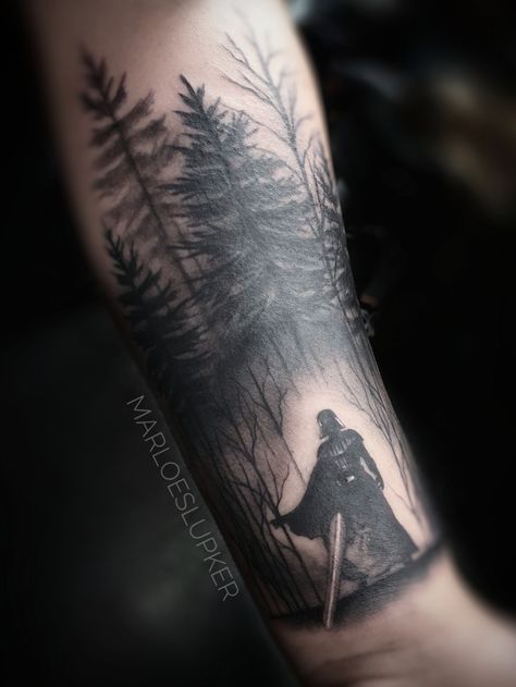 Starwars Arm Tattoo, Forearm Star Wars Tattoo, Men Tattoo Ideas Star Wars, Star Wars Scene Tattoo, Dark Side Star Wars Tattoo, Star Wars Tattoo Forearm, Star Wars Leg Tattoo Sleeve, Mens Star Wars Tattoo, Star Wars Tattoo For Men Sleeve