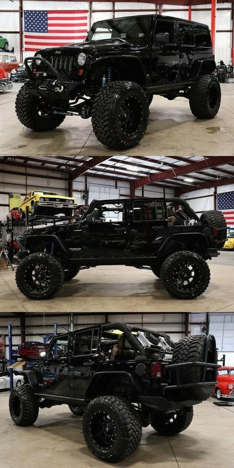 Blacked Out Jeep Wrangler, All Black Jeep Wrangler, Jeep Wrangler Tires, Jeep Wrangler Colors, Black Jeep Wrangler, Jeep Wrangler Lifted, Lifted Jeep Wrangler, 4 Door Jeep Wrangler, Jeep Jku