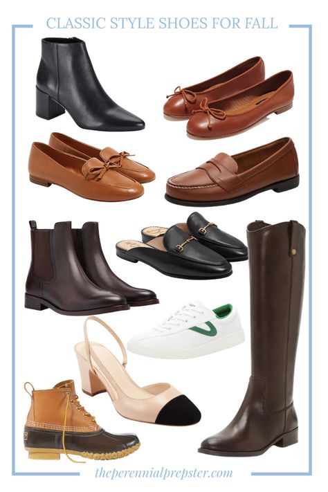 Classic style fall shoes - Brown leather loafers, riding boots, bean boots, white Tretorn sneakers, horse bit mules, tan & black sling back heels, brown bow flats Shoes For Classic Style, Classic Style For Fall, Fall Shoe Capsule, Brown Fall Shoes, Casual Classic Style Fall Outfits, Fall And Winter Shoes For Women, Fall Women Shoes, Fall Classic Outfits, Fall Winter Shoes 2023