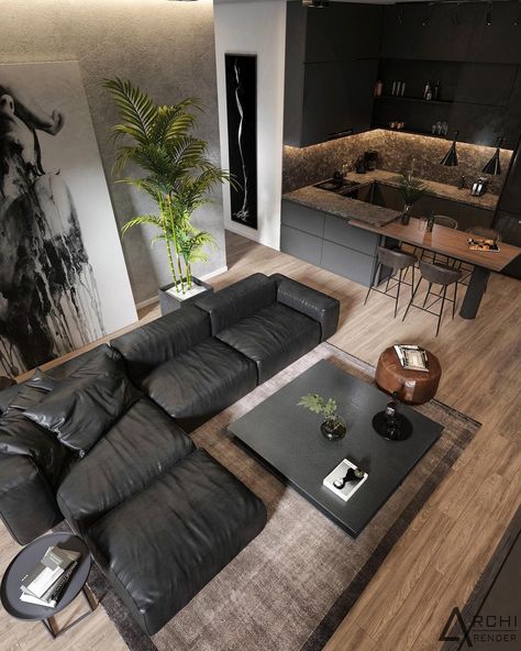 Modern Industrial Living Room, Ny Apartment, Modern Apartment Living Room, Condo Interior Design, Dark Living Rooms, Stil Industrial, Black Interior Design, Condo Interior, Apartment Living Room Design