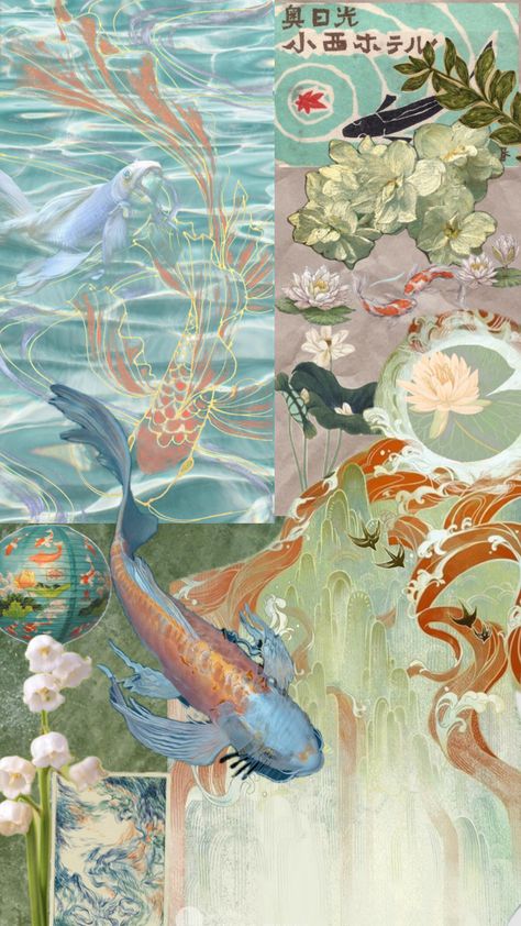 #koifish #coastal #koi #koipond #beachaesthetic #cottagecore #nature #water #plants Collage Mural, Art Du Collage, Collage Des Photos, Art Mignon, L Wallpaper, Seni Vintage, Fish Wallpaper, Art Japonais, Iphone Wallpaper Themes