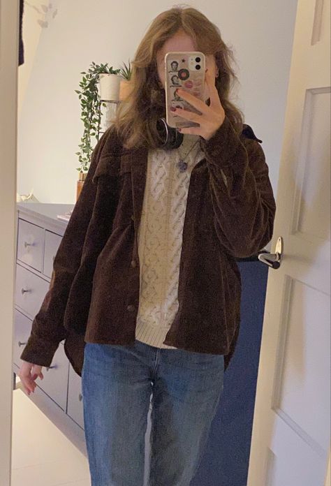 outfit inspo idea beige knitted sweater brown corduroy jacket blue bootcut low rise flared jeans rory gilmore inspired outfit autumn winter outfit downtown girl