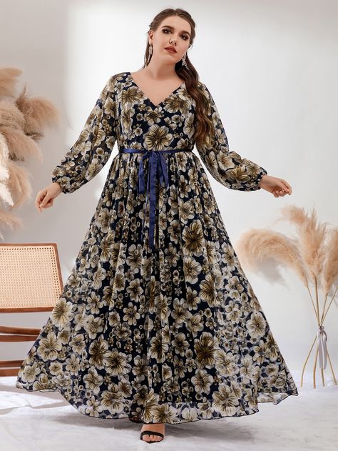 Multicolor Boho  Long Sleeve Polyester Floral,All Over Print A Line Embellished Slight Stretch Spring/Fall Plus Size Dresses Long Sleeve Plus Size Dress Casual, Indo Western Outfits For Women, Winter Office Wear, Long Sleeve Floral Maxi Dress, Casual Gowns, Office Wear Dresses, Best Casual Dresses, Winter Office, Chiffon Long Dress