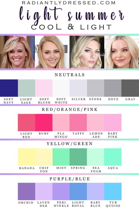 light summer Cool Muted Light Summer, Light Summer Color Analysis Outfits, Light Summer Seasonal Color Analysis, Summer Light Personal Color, Sunlit Summer Color Palette Outfits, Light Summer Palette Colors, Light Summer Pallete, Color Palette Light Summer, Color Guru Summer