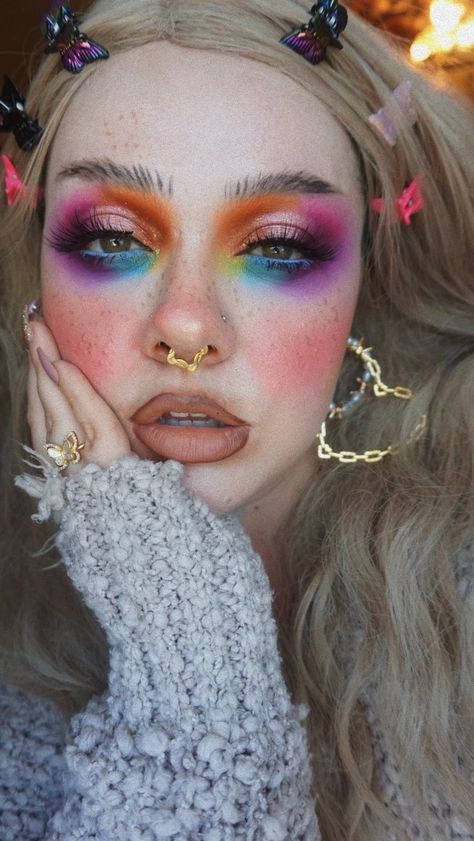 Kayla (@lunafayebeauty) • Instagram photos and videos Fade Into Hue, Freckle Pen, Artsy Makeup, Super Shock, Pride Makeup, Rave Makeup, Black Clothes, Rainbow Makeup, Ethereal Makeup