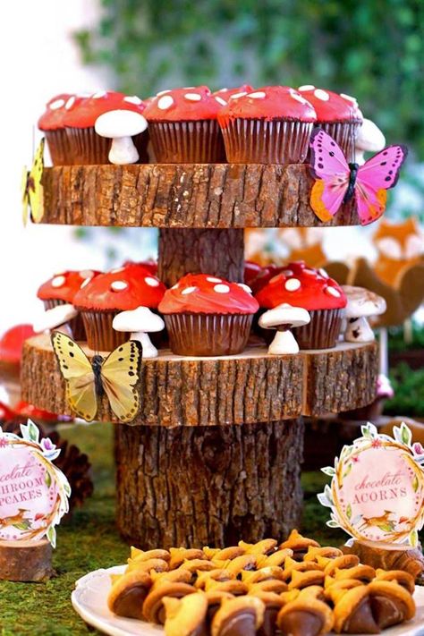 Tinkerbell Inspired Birthday Party, Woodland Theme Tea Party, Vintage Fairy Birthday Party, Fairy Gnome Party, Woodland Party Cupcakes, Fairy Tale Desserts, Medieval Snack Ideas, Fairies And Gnomes Birthday Party, Autumn Fairy Party