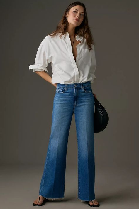 PAIGE Anessa High-Rise Wide-Leg Jeans | Anthropologie High Rise Wide Leg Jeans Outfit, Outfits With Wide Leg Jeans, Styling Wide Leg Jeans, How To Style Wide Leg Jeans, Style Wide Leg Jeans, Wide Leg Jeans Outfit, Mango Clothing, Jeans Outfit Spring, Blue Jean Outfits