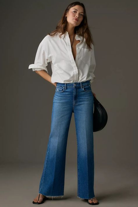 PAIGE Anessa High-Rise Wide-Leg Jeans | Anthropologie Petite High Waisted Jeans, Styling Wide Leg Jeans, How To Style Wide Leg Jeans, Petite Flare Jeans, Wide Leg Outfit, Style Wide Leg Jeans, Clothes Capsule Wardrobe, Wide Leg Jeans Outfit, Mango Clothing