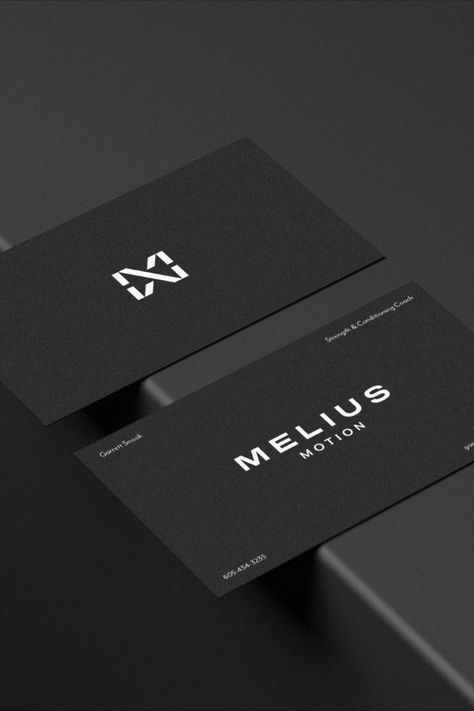 Minimal black business card design for a modern athletic brand. Luxury Black Business Card, Black White Grey Branding, Black Brand Identity Design, Business Card Luxury Design, Fancy Business Cards, Professionalism Aesthetic, Visit Card Minimalist, Tech Business Card Design, Minimalistic Business Cards