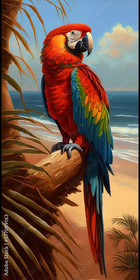 Filigree Painting, Tropical Beach Painting, Parrot Image, Parrot Painting, Earth Drawings, Parrots Art, Oil Painting Art, Handmade Wall Art, Pretty Animals