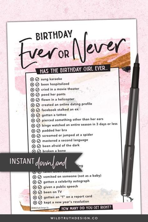 Teen Birthday Party Games, Birthday Quiz, Birthday Games For Adults, Birthday Party Game, Woman Birthday Party, 13th Birthday Parties, Birthday Party For Teens, Fun Party Games, Never Have I Ever