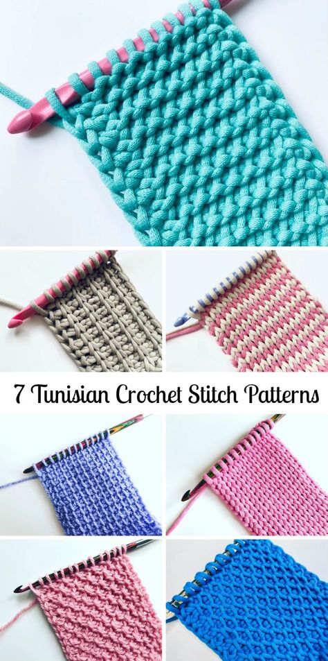 7 Tunisian Crochet Stitch Patterns For Beginners Tunisian Crochet Free, Crochet Stitch Patterns, Tunisian Crochet Blanket, Tunisian Crochet Pattern, Textured Crochet, Tunisian Crochet Patterns, Tunisian Crochet Stitches, Crochet Patterns Free Beginner, Crochet Patron