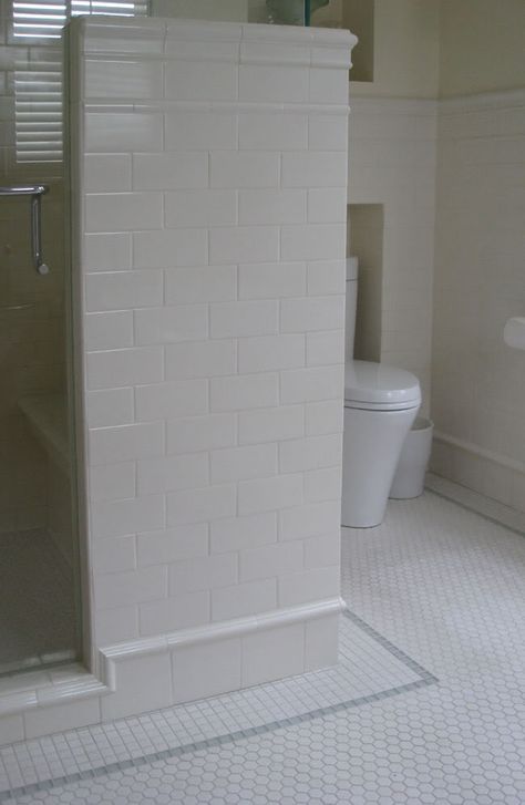 tile combo Tile Baseboard Bathroom, Master Bath Renovation, Subway Tiles Bathroom, Hex Tile, Tile Layout, Bath Renovation, Yellow Bathrooms, Girls Bathroom, Upstairs Bathrooms