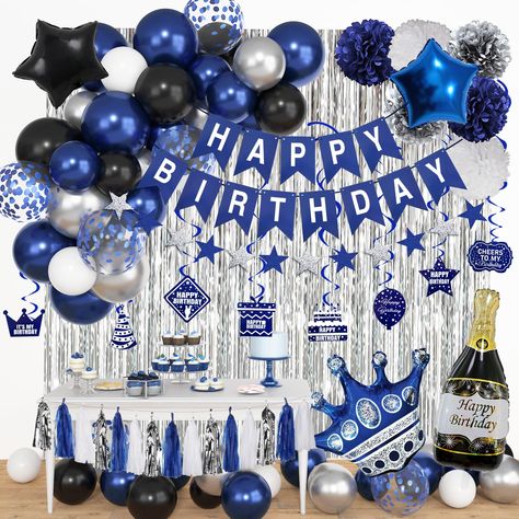 PRICES MAY VARY. Navy Blue Birthday Decorations: Our valuable birthday decorations for men include 2pcs silver foil fringe curtains, 4pcs black and blue foil balloons(40"champagne bottle/30"crown/18"starx2), 20pcs 10" navy blue balloons, 10pcs 10"metallic silver balloons, 12pcs 10"white/black latex balloons, 10pcs12"blue confetti balloon, happy birthday banner, 6pcs 6"paper flowers, 15pcs tissue tassels(5blue, 5silver, 5white), 8pcs birthday cutouts, 8pcs hanging swirls, start dots banner and ba Navy Blue Birthday Theme For Men, Blue And Black Birthday Decor, Blue And Black Party Decorations, Blue Silver Party Decorations, Blue Birthday Decorations For Men, Blue Silver Party, Navy Blue Party Decorations, Blue Birthday Decorations, Birthday Cutouts