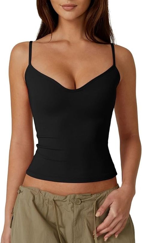 QINSEN Woman's Spaghetti Strap Crop Top Slimming Fit Double Lined Tee Shirt for Summer Black M at Amazon Women’s Clothing store Spaghetti, Swimsuit Workout, Spaghetti Strap Crop Top, Strap Crop Top, Sweetheart Neck, Amazon Women, Sleeveless Tank, Clothing Store, Spaghetti Strap