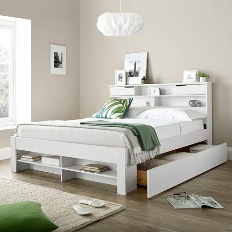 2 Drawer Storage Bed, Happy Beds Fabio White Wooden Storage Bed With Shelves - 4ft6 Double (135 x 190 cm) Frame Only: Amazon.co.uk: Kitchen & Home Wooden Bed With Storage, Letto King Size, Double Bed With Storage, White Bed Frame, Bookcase Bed, Bed Shelves, White Bookcase, Wooden Bed Frames, Bed Frame With Storage