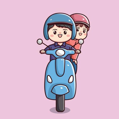 Couple On Bike Drawing, Riding A Motorcycle Drawing, Cute Drawings Couples, Motor Cartoon, Friends Cute Cartoon, Girl And Boy Cartoon, Motor Couple, Couple Cartoon Drawings, Cartoon Scooter