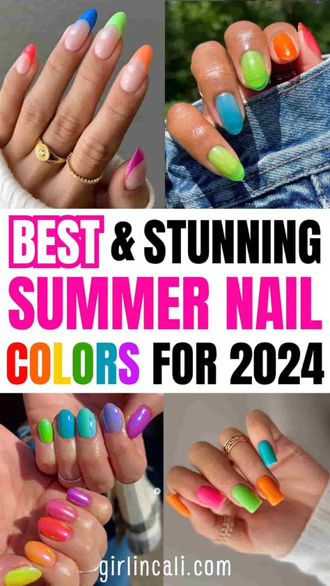 Best Summer Nail Polish Colors For 2024 - Girl In Cali Short Purple Ombre Nails, Nail Dipping Powder Designs Summer, Summer Nail Polish Colors, Bright Colored Nails, Summer Holiday Nails, Colors For 2024, Summer Nails 2024, Dip Nail Colors, Nail Polish Colors Summer