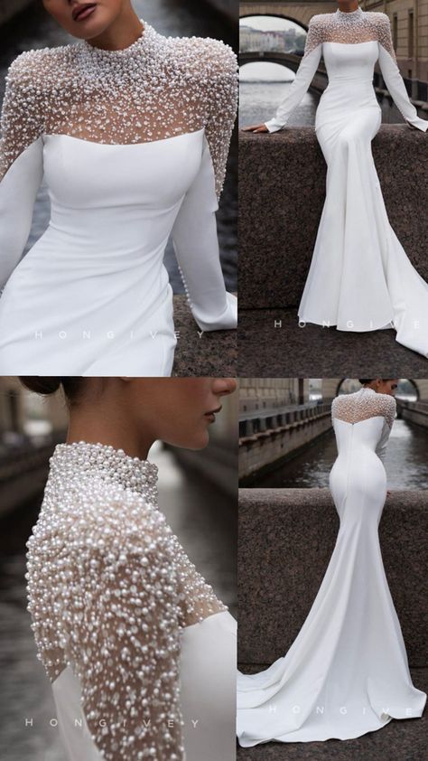 Perfect combination between modern and elegant bride 👰‍♀️👰🏽‍♀️👰🏿‍♀️ Simple Elegant Classy Wedding Dress, Wedding Dress Turtleneck, Stunning Wedding Dresses Mermaid, Beautiful Gowns Classy, Silk Satin Wedding Dress, Wedding Dress With Long Sleeves, Freakum Dress, Dresses For Prom, Evening Party Dresses