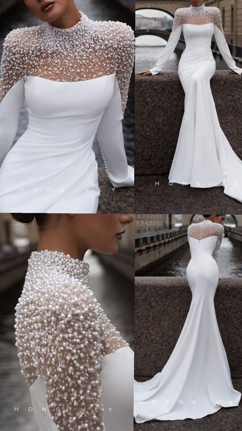 Perfect combination between modern and elegant bride 👰‍♀️👰🏽‍♀️👰🏿‍♀️ Simple Elegant Classy Wedding Dress, Wedding Dress Turtleneck, Clean Bridal Look, Modern Bride Wedding Dress, 2024 Wedding Dresses Trends, Trend Dresses 2024, Bride 2024 Trends, Dress Trends 2024, Wedding Dress Trends For 2024