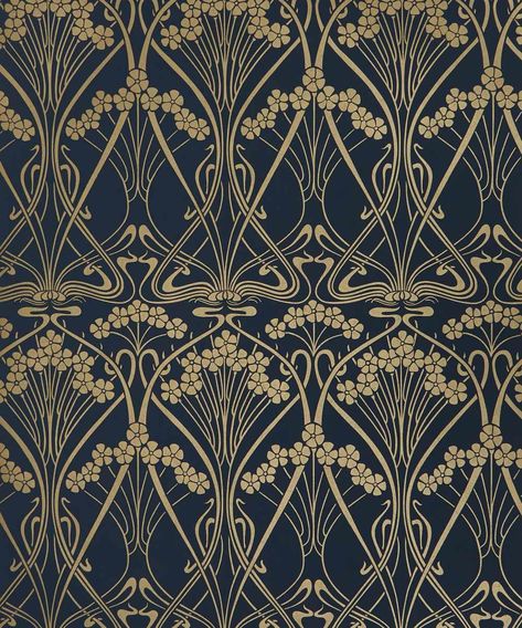 Ianthe is a quintessentail example of French Art Nouveau design, originally created as a wallpaper border by R. Beauclair in c.1902 and printed for Liberty in 1967. Ianthe Bloom Stencil is a cone color version of Ianthe- discovered in the hidden archive, it evokes the form first used by Liberty in the 1960s. The textured non-woven ground is softly visible through chalky pigments layered on top. Liberty Wallpaper, Art Nouveau Wallpaper, Motifs Art Nouveau, Art Nouveau Pattern, French Art Nouveau, Wallpaper Project, Wallpaper Rolls, Art Nouveau Design, Wallpaper Border