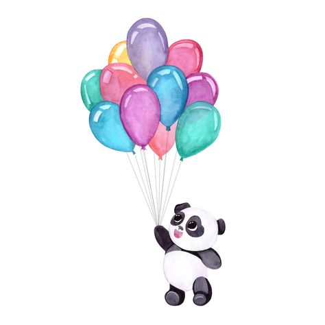 Panda with balloons. Watercolor illustration Panda Balloon, Balloons Watercolor, Cute Panda Drawing, Panda Clipart, Panda Drawing, Learn Watercolor Painting, Panda Birthday, Happy Painting, Birthday Art