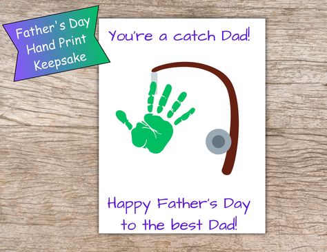 "Fun Father's Handprint Activity for Kids. Simply print out image, apply washable paint to child's hand and place a handprint print in the space where a fish would go on the end of the fishing pole. Frame the image for a Father's Day Keepsake! This prints on a standard 8.5\" x 11\" US letter size paper.   HOW TO DOWNLOAD 1 - You will get an email with the link to the download from Etsy 2 - Open the PDF in Acrobat Reader 3 - Print on your home printer or at a copy shop 4 - Print this item as many Baby Handprint Art, Father's Day Handprint, Handprint Gifts, Fathers Day Art, Father's Day Activities, Father's Day Printable, Footprint Crafts, Baby Handprint, Handprint Craft