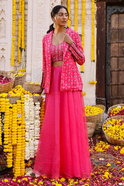 Buy Chhavvi Aggarwal Pink Crepe Printed Jacket And Lehenga Set Online | Aza Fashions Hot Pink Indian Outfit, Tulpen Arrangements, Diwali Fashion, Diwali Dresses, Gown Designs, Hot Pink Skirt, Diwali Outfits, Trendy Outfits Indian, Organza Skirt