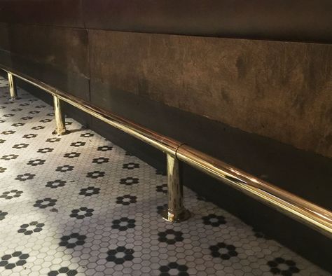 Floor-mounted Polished Brass Foot Rail Kitchen Island Brass Footrail, Kitchen Island With Brass Foot Rail, Brass Bar Foot Rail, Brass Foot Rail Kitchen Island, Bar Foot Rail Ideas, Brass Foot Rail, Bar Railing, Drink Rail, Brass Counter