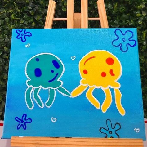 Art | Spongebob Jellyfish Acrylic Paint | Poshmark Jellyfish, Spongebob Pot Painting, Jellyfish Acrylic, Art Spongebob, Spongebob Jellyfish, Spongebob Painting, Art Pages, My Wife, Nickelodeon