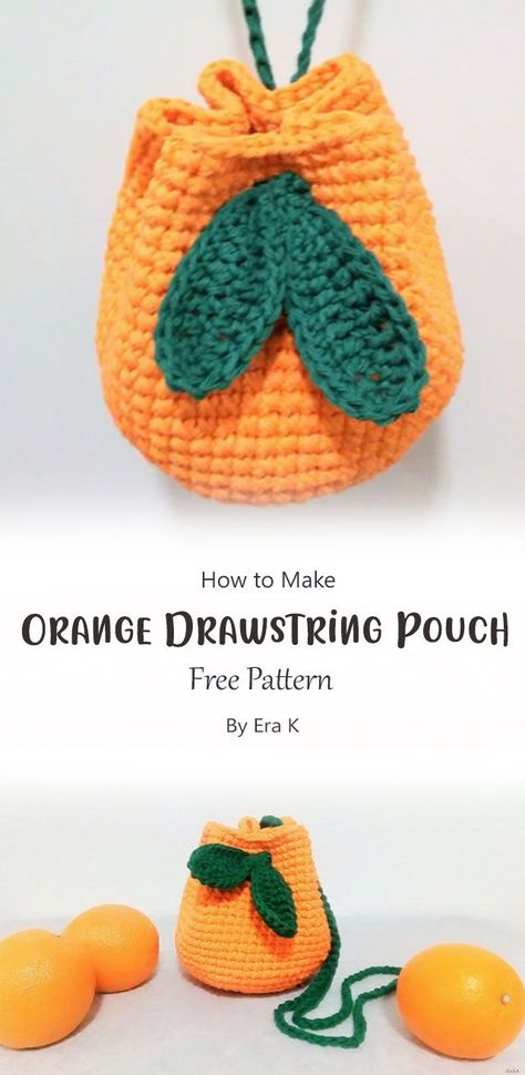 This orange drawstring pouch is a great way to use up your leftovers from crocheting and it makes a nice little gift! It’s also perfect for carrying small items like makeup or crochet accessories. Amigurumi Patterns, Crochet Drawstring Bag, Crochet Project Free, Crochet Hairband, Graph Crochet, Crochet Fruit, Crochet Bag Pattern Free, Crochet Pouch, Crochet Design Pattern