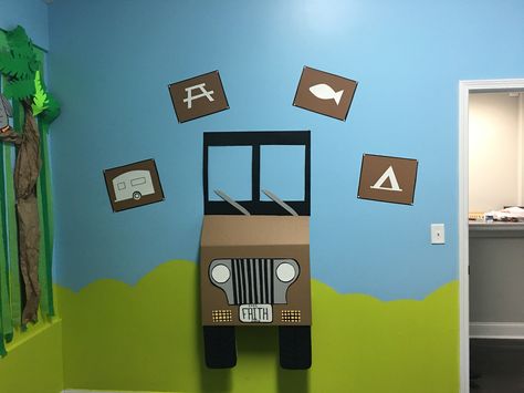 Jeep wall decor Jeep Decor, Classroom Doors, Adventure Theme, Classroom Door, Camping Theme, Jungle Theme, Classroom Decorations, Classroom Decor, Open House