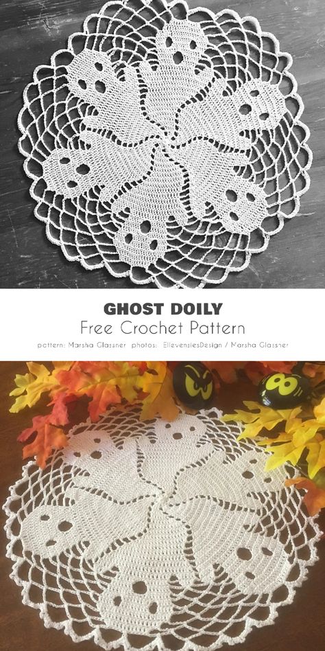 Ghost doily Halloween Doily, Crochet Halloween Patterns Free, Fall Crochet Patterns, Free Crochet Doily Patterns, Crochet Dollies, Mode Crochet, Vintage Crochet Patterns, Halloween Crochet Patterns, Crochet Lace Pattern