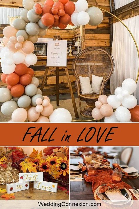 Fall Wedding Shower Backdrop, Fall Themed Wedding Showers, Bridal Shower Fall Centerpieces, Bridal Shower Ideas For November, Fall Bridal Shower Tablescapes, Fall In Love Bridal Shower Decorations, Fall In Love Bridal Shower Brunch, October Wedding Shower Theme, Pumpkin Theme Bridal Shower Ideas