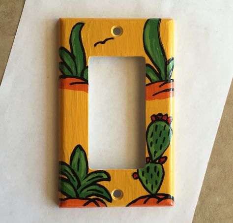 Cactus painted light switch. Light Switch Painting, Switch Painting, Outlet Painting Ideas, Diy Light Switch, Painted Light Switch, Light Switch Art, Light Switch Covers Diy, Bedroom Art Painting, Diy Light