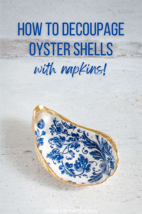 Decoupage Oyster Shell Trinket Dish - learn how to make this easy oyster shell craft. This super simple and fun project uses oyster shells, Mod Podge and paper napkins. Embellish with a gold paint pen for a classic look. Perfect for coastal decor, souvenirs or last-minute gifts! DIY with seashells for beach house style. Oyster Diy, Decoupage Oyster Shells, Oyster Shells Diy, Oyster Shells Decor, Beach Crafts Diy, Diy Decoupage, Oyster Ornament, Shell Trinket Dish, Oyster Shell Crafts