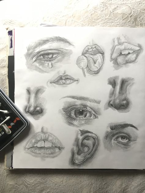 GCSE art - pencil sketches of facial features Croquis, Gcse Art Pencil Drawing, Facial Features Drawing Sketches, Gcse Art Facial Features, Personal Expression Art, Facial Features Sketchbook Page, Gcse Art References, Senses Gcse Art, Portrait Art Gcse Sketchbook Pages