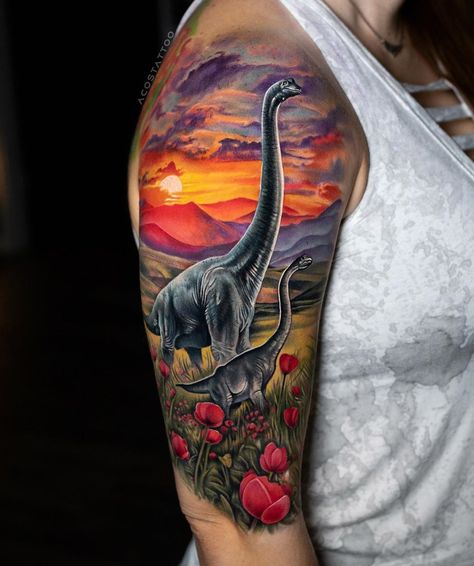 Brachiosaurus mom and baby by Andres Acosta, an artist at Exile Art Collective in Austin, Texas. Jurassic Park Tattoo, Dinosaur Tattoo, Mujeres Tattoo, Scene Tattoo, Abstract Tattoo Designs, Chrysanthemum Tattoo, Dinosaur Tattoos, Tattoo For Son, Upper Arm Tattoos