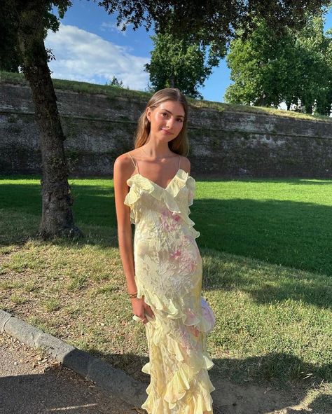 All Posts • Instagram Summer Dress With Ruffles, Prom Dresses Summer, Long Formal Summer Dresses, Fairy Garden Dress Aesthetic, Yellow Ruffle Prom Dress, Summer Dress Ruffles, Summer Outfits Long Dresses, Summer Prom Dresses Long, Long Dress Graduation Outfit