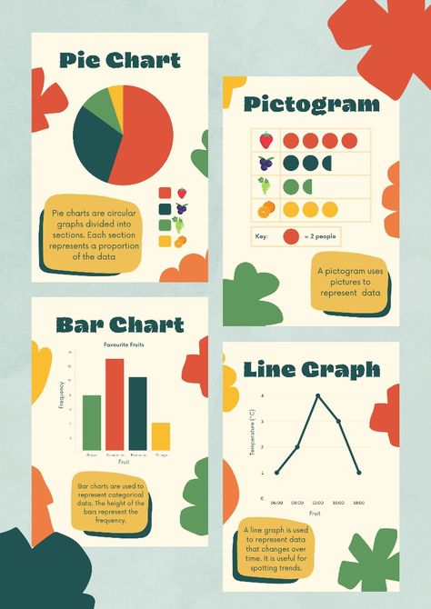 Poster set, math, maths, handling data, pie charts, line graphs, bar charts, pictogram, school, education, primary school, high school Pie Chart Aesthetic, Types Of Charts And Graphs, Pie Chart Design Ideas, Types Of Graphic Design Styles, Pie Graph Design, Graph Design Chart, If Then Chart, Line Graph Design, Teaching Infographics