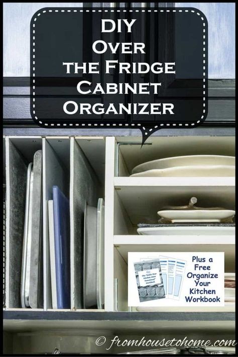 This DIY over the fridge organizer is a great storage idea! It helped to make the kitchen cabinet that's over my refrigerator so much easier to use. And with my small kitchen, I can use all the kitchen organization help I can get. Organisation, Over The Fridge Cabinet, Cabinet Over Fridge, Small Kitchen Cabinet Storage, Over The Fridge, Fridge Organizer, Replacing Kitchen Countertops, Refrigerator Cabinet, Large Fridge
