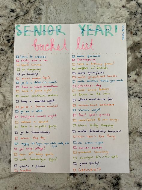 bucket list for senior year Seniors Activities Ideas High School, Senior Bucket List Ideas, Fun Senior Year Ideas, Senior Year Supply List, Senior Year Bucket List Best Friends, Songs For Senior Year, Senior Year Must Dos, Senior Summer Aesthetic, Senior Summer Bucket List