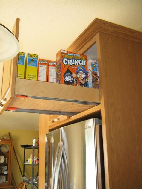 Pull-out over fridge shelves. I also like making it pullout for cookies sheets. Over Refrigerator Cabinet Ideas, Above Fridge Storage, Storage Above Fridge, Top Of Fridge, Above Fridge, Pull Out Kitchen Cabinet, Refrigerator Cabinet, Kitchen Wall Cabinets, Fridge Shelves