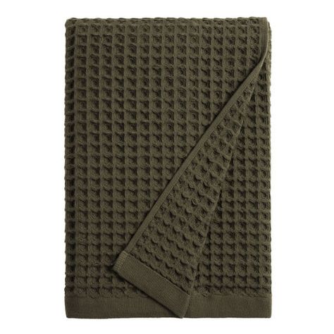 Olive Waffle Weave Cotton Bath Towel by World Market Fridge Baskets, Moody Bathroom, Dollar Tree Storage, Green Hand Towels, Green Bath Towels, Green Bathroom Decor, Smart Fridge, Guest Hand Towels, Round Moulding