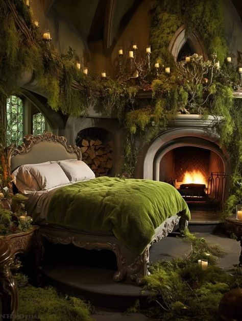 😳🩷💚 - Candle Cat and Cauldron | Facebook Fantasy Forest Room Decor, Whimsical Room Design, Enchanted Forest Aesthetic Room, Swamp Room Aesthetic, Hobbit Inspired Bedroom, Fairy Cottage House Interior, Fairy Light Bedrooms, Ocean Room Decor Ideas, House Murals Interiors