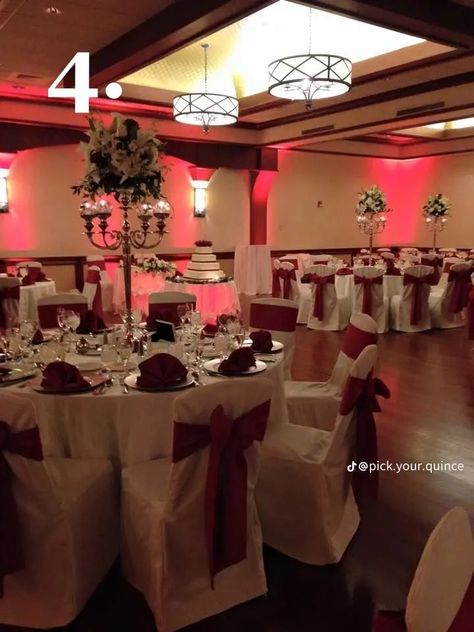 Dark Red Quinceanera Decorations, Red Quince Set Up, Red White And Silver Quinceanera, Red And Black Venue Quince, Red Wine Quinceanera Decorations, Red Quince Tables, Red And White Party Ideas, Table Decorations For Quince, Red And Silver Quince Theme