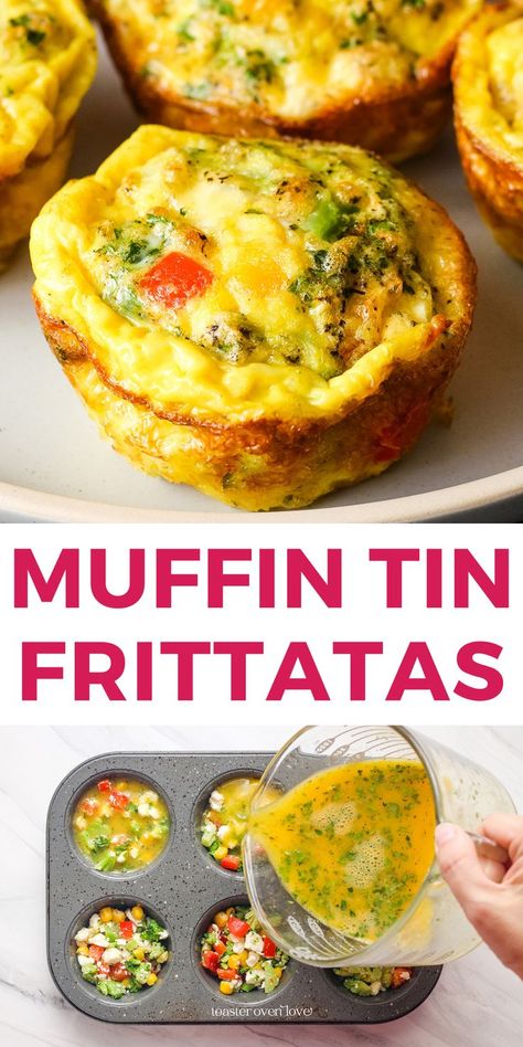 Close up of baked mini frittatas on place and hand pouring egg mixture over veggies in a muffin tin. Fresco, Essen, Veggie Egg Muffins, Recipes Easy Breakfast, Frittata Recipes Breakfast, Fritata Recipe, Fritatta Recipe, Easy Frittata, Mini Frittata