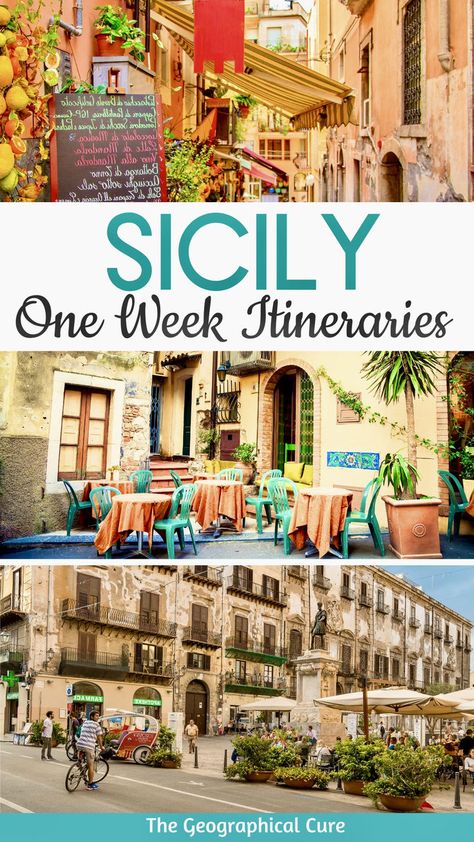 Pinterest pin for one week in Sicily Ruins, Sicily Road Trip, Sicily Itinerary, Visit Sicily, Sicily Travel, Mount Etna, Italy Itinerary, Stunning Landscapes, Italy Travel Tips